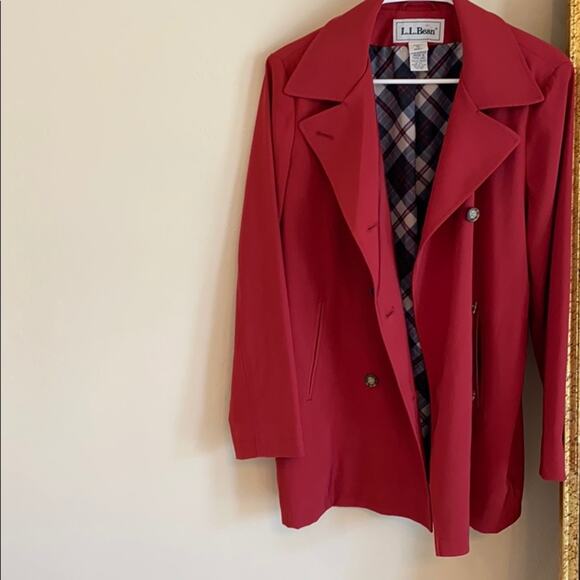 LL Bean red trench coat  jacket with plaid lining - Picture 12 of 14